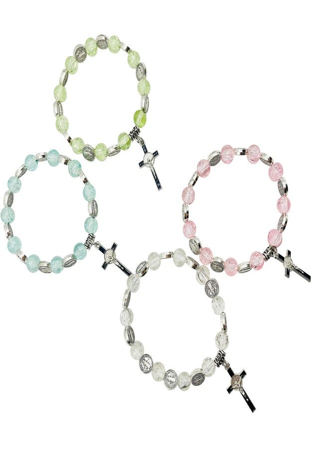 CACALOSS 8MM Blue Crystal Bracelet Jesus Cross Rosary Bracelet for Baptism Prayer Eucharist Gift (Pink) - Image 5